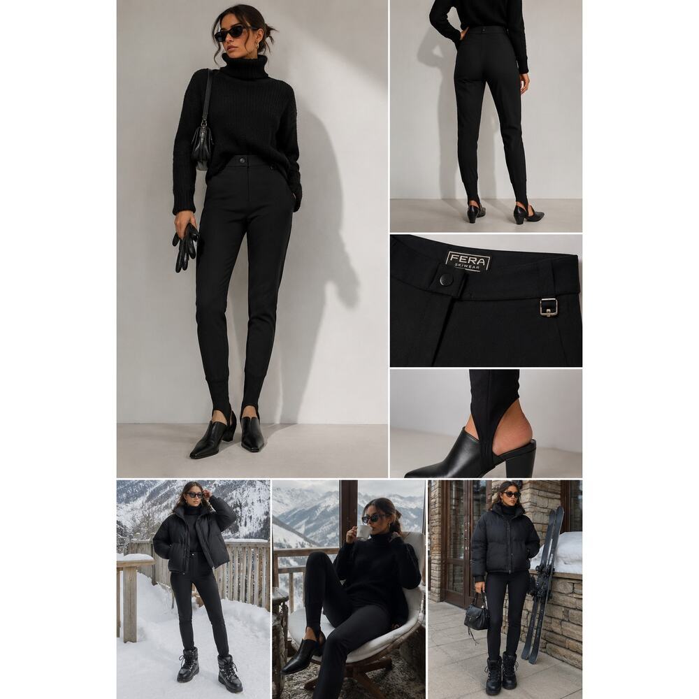 Vintage FERA Skiwear Stirrup Pants Black Size 8L High Waisted Retro 80s 90s